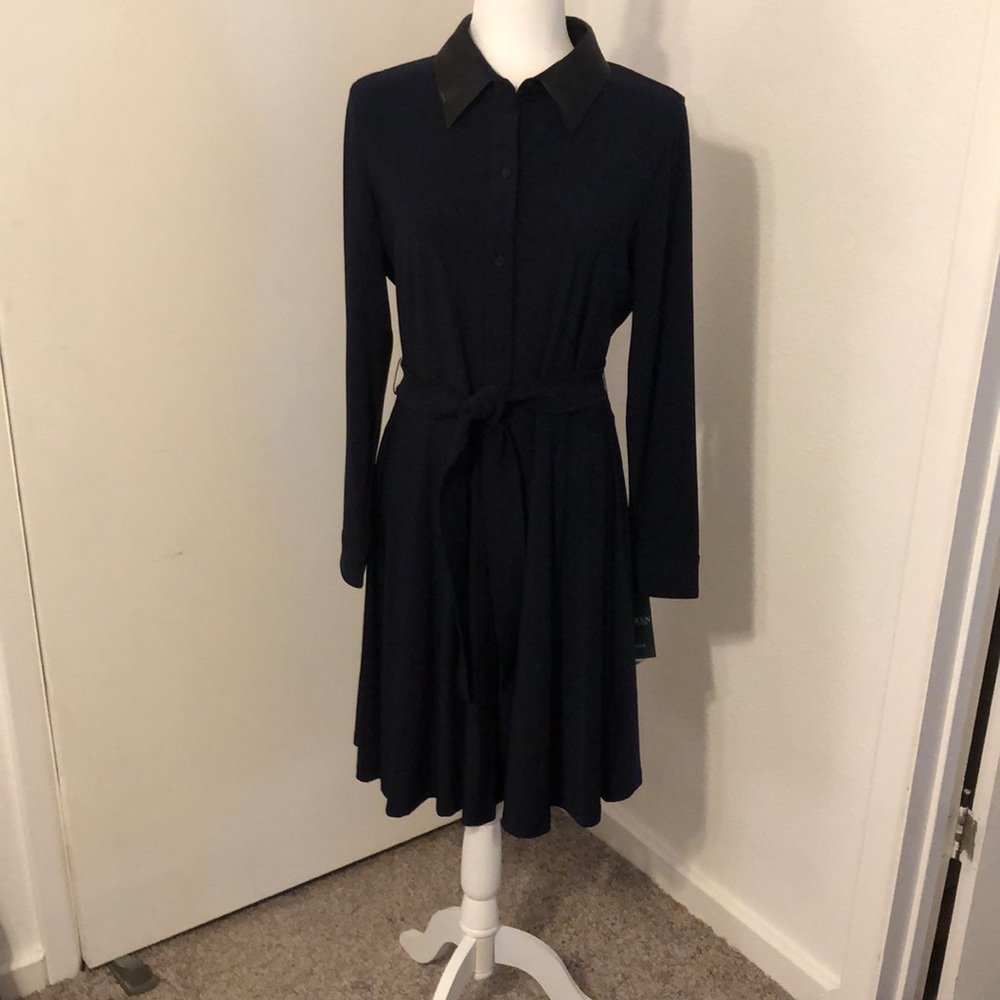 LAUREN RALPH LAUREN Sz 12 NAVY W/Faux Leather Collar LONG SLEEVE DRESS BNWT
